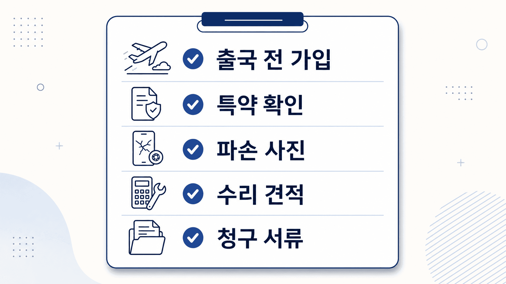 여행자보험 휴대폰 파손 보상 전 출국 전 가입 특약 확인 파손 사진 수리 견적 청구 서류를 확인하는 체크리스트 이미지