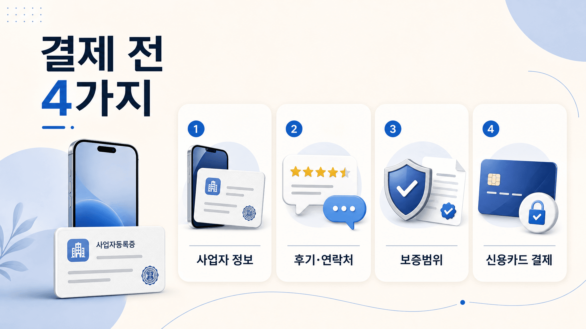 중고폰 결제 전 사업자 정보 후기 연락처 보증범위 신용카드 결제를 확인하는 체크리스트 이미지