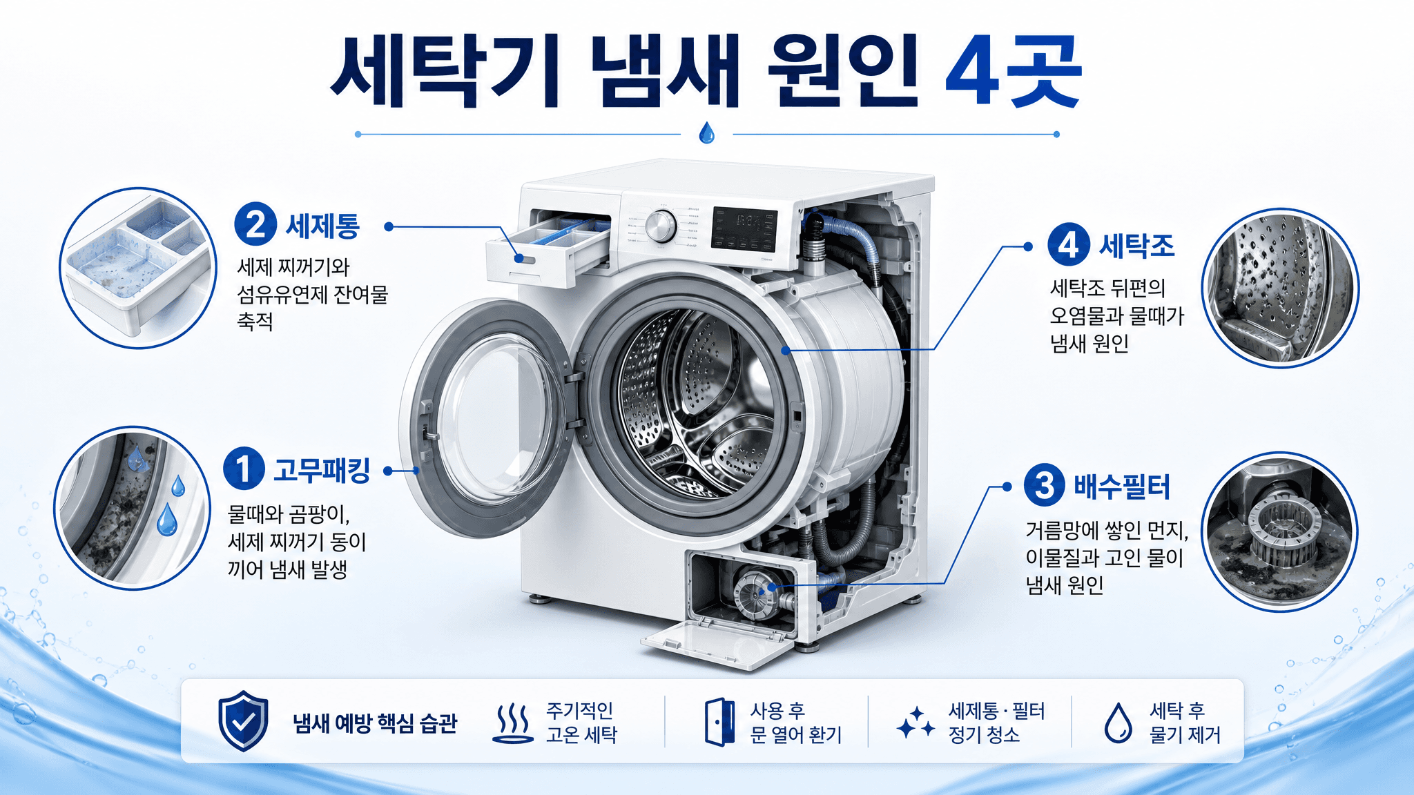 세탁기 냄새 원인 위치를 고무패킹 세제통 배수필터 세탁조로 나눈 인포그래픽