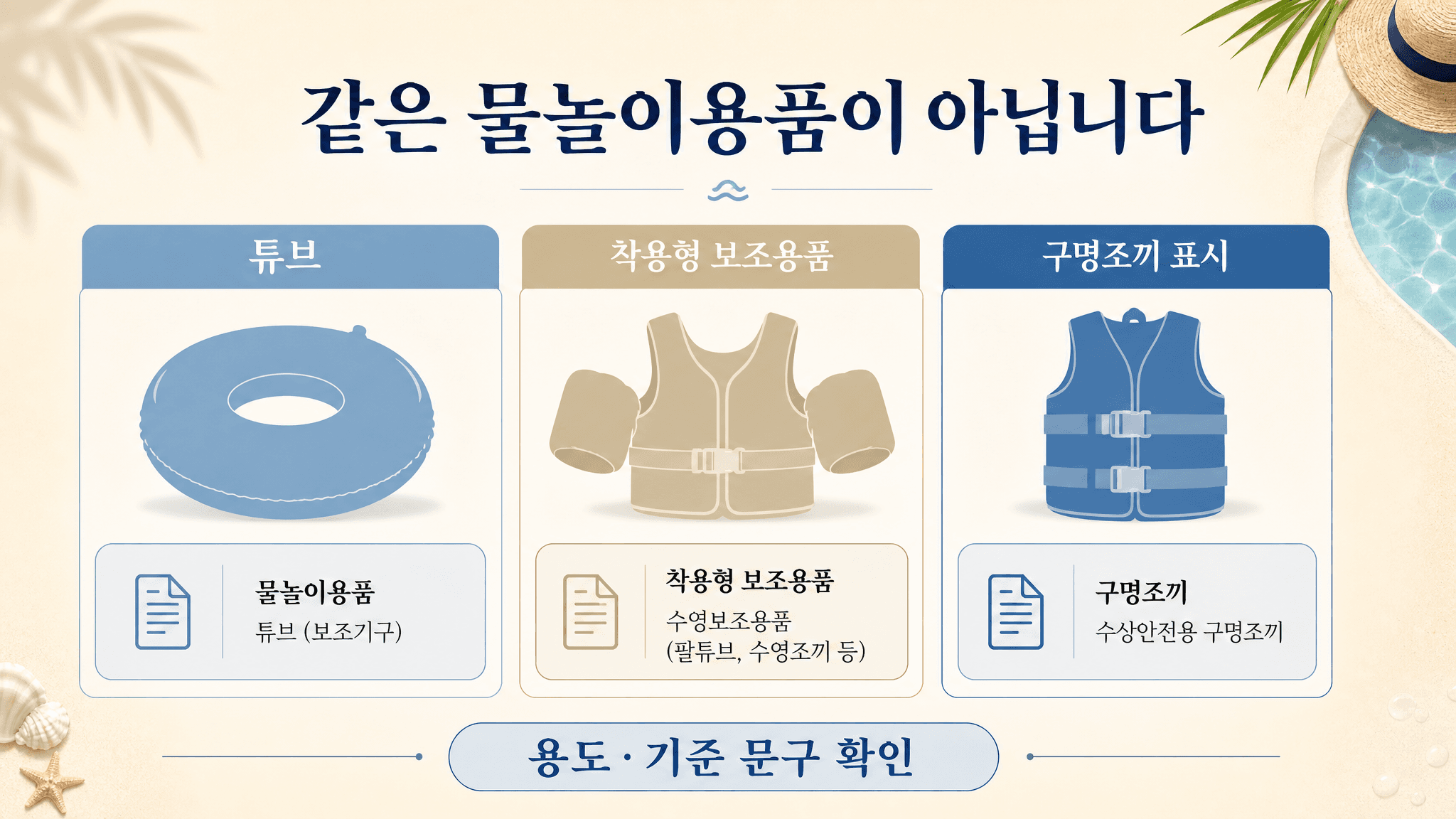원형 튜브 착용형 보조용품 구명조끼 표시 제품의 차이와 확인 포인트를 비교한 표 이미지